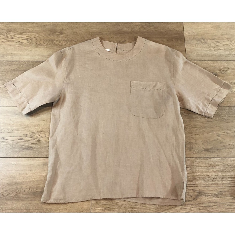 SLB by Sunny Leigh Women's 100% Linen Top Beige Short Sleeve Small‎ Button Back